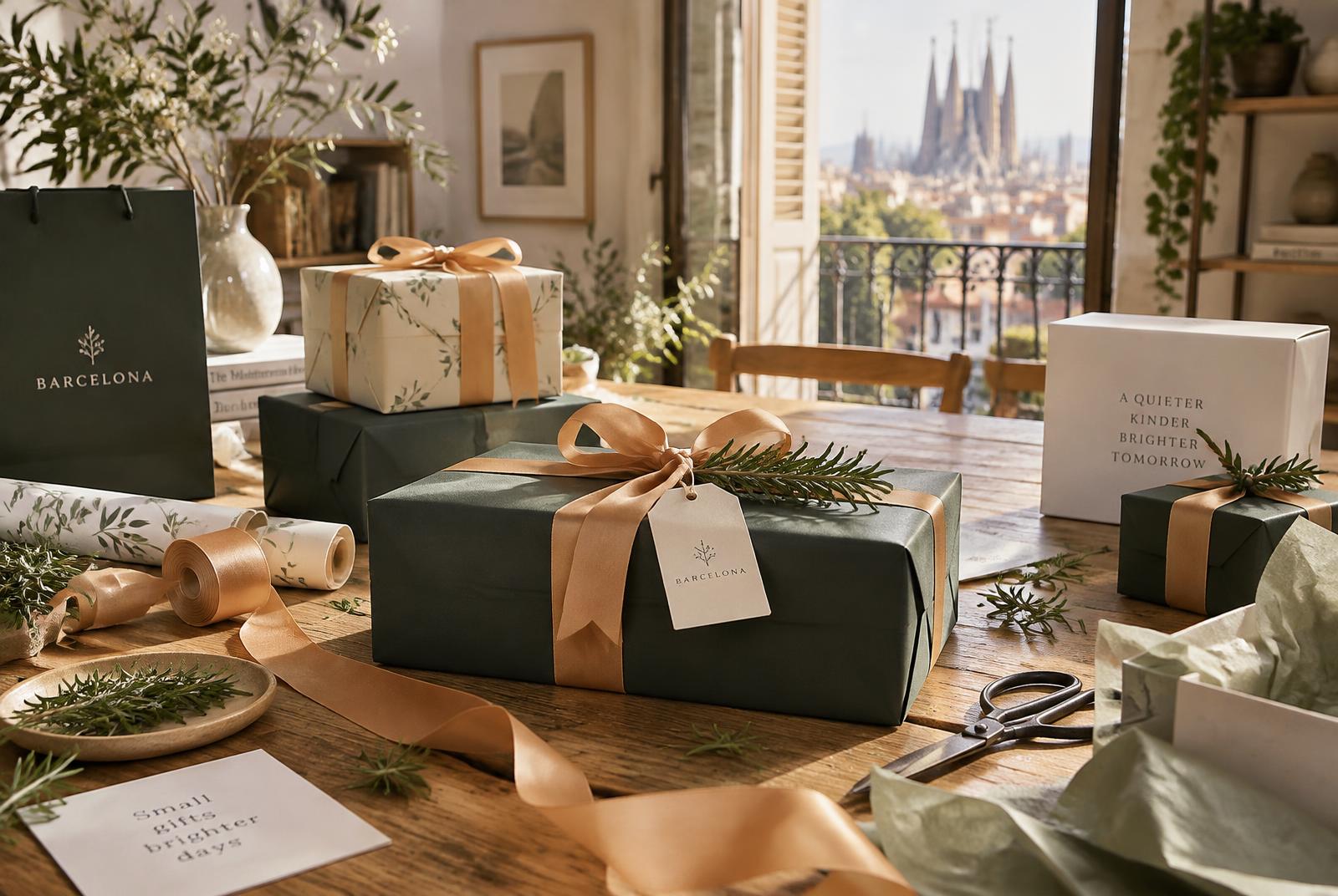 Hands tying an apricot ribbon around a parcel wrapped in kraft and green paper